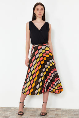 Cok Renkli Desenli Saten Kumas Pile Detayl? Midi Boy Dokuma Etek TWOSS24ET00245 - Trendyolmilla фото 3