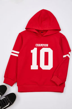 K?rm?z? Erkek Cocuk Slogan Bask?l? Kapusonlu Orme Sweatshirt TKDAW25SW00039 - Trendyolmilla фото 2