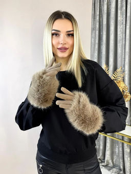 Утепленные женские перчатки с мехом , цвет светло коричневый - Greta фото 2