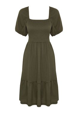 Haki Gipeli Belden Ac?lan/Skater Kare Yaka Balon Kol Midi Burumcuk Orme Elbise TWOSS22EL1088