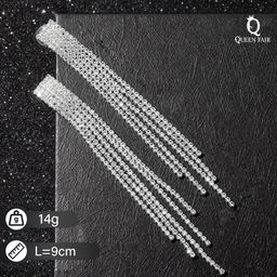 Серьги висячие со стразами Водопад на прямоугольнике, цвет белый в серебре, 9см