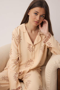 Koyu Bej Gunes Desenli Viskon Dokuma Pijama Tak?m? THMAW25PT00034