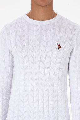Erkek Slim Fit Bisiklet Yaka Desenli Beyaz Kazak