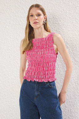 Pembe Fitted Kay?k Yaka Kolsuz Potikareli Dokuma Bluz TWOSS25BZ00356