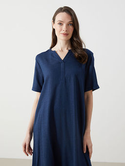 Ka??k Yaka Keten Kar???ml? Elbise