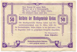 50 геллеров 1920 года Австрия Ридау (нотгельд)