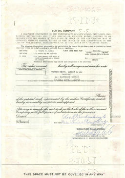 Сертификат передаточный на 3 акции SUN OIL COMPANY 1969 года США