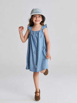 Kare Yaka ?i?ekli K?z ?ocuk Jean Elbise