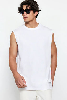 Beyaz Oversize/Geni_ Kesim Basic Etiketli %100 Pamuk Kolsuz T-shirt/Atlet