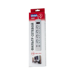S-GSR4-3 U2C1 WHITE/GREY Сетевой фильтр серии Standard, шнур 3м (Пвс 3х0,75), 4 гнезда, с/з, 2USB+1TYPE C, 10A, 2500Вт. Белый/серый. TM Uniel