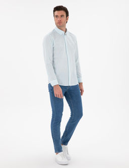 Turkuaz Regular Fit _izgili Alttan Biritli Yakal_ G_mlek
