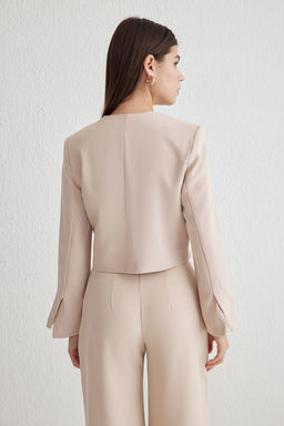 Bej Asimetrik Kapama Crop Dokuma Ceket TWOSS25CE00035 - Trendyolmilla фото 4