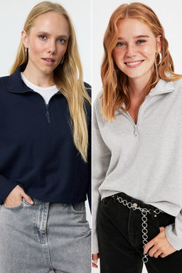 TRENDYOLMILLA Lacivert-Gri 2Li Paket Selanik Regular/Normal Kal?p Fermuarl? Yaka Orme Sweatshirt TWOAW25SW00120