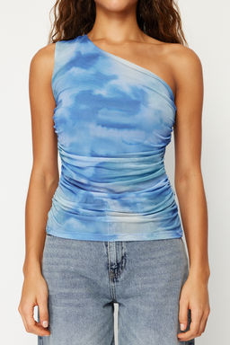 Lacivert Soyut Drape Detayl? Tek Omuzlu Fitted/Vucuda Oturan Tul Esnek Orme Bluz TWOSS24BZ00311