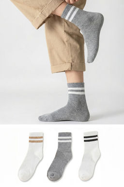 Beyaz-Gri 3lu Cizgili Soket Boy Orme Corap THMSS25CO00008 - Trendyolmilla фото 3