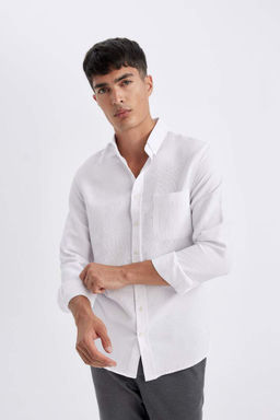 Текстурированная рубашка с длинными рукавами и воротником-поло приталенного кроя - Defacto фото 3