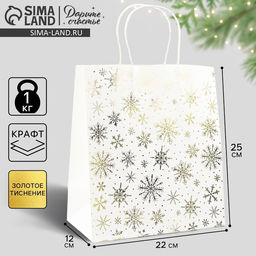 Цена за 2 шт. Пакет подарочный новогодний крафтовый «Снежинки», 22×25×12 см