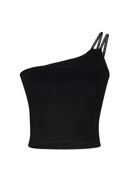 Trendyolmilla Siyah Parlak Tas Detayl? Tek Omuz Ask?l? Fitted/Vucuda Oturan Crop Orme Bluz TWOSS23BZ00455  фото 6
