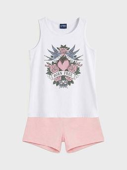 Bask?l? K?z ?ocuk ?ortlu Pijama Tak?m?