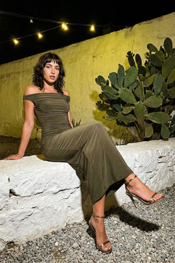 TRENDYOLMILLA Haki Vucuda Oturan Carmen Yaka Orme S?k Elbise TPRAW25EL00025  фото 15