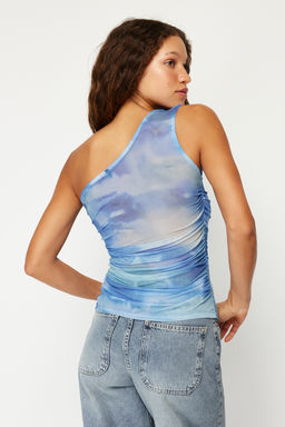 Lacivert Soyut Drape Detayl? Tek Omuzlu Fitted/Vucuda Oturan Tul Esnek Orme Bluz TWOSS24BZ00311