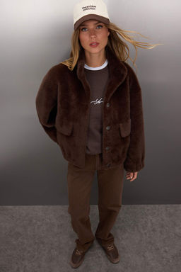 Koyu Kahverengi Oversize Kal?p Pelus Bomber Mont TWOAW26MO00063