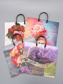 Цена за 10 шт. Пакет "Цветы ассорти", полиэтиленовый с пластиковой ручкой, 38 х 34 + 3 см, 90 мкм