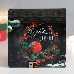 Новогодняя деревянная шкатулка-книга «Снегири» 14×14х6.5 см