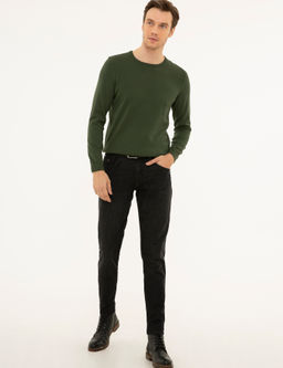 Базовый трикотажный свитер приталенного кроя цвета хаки с круглым вырезом - Cacharel фото 11