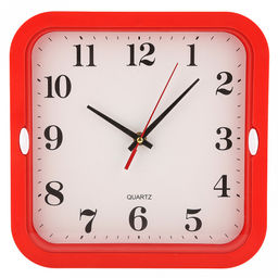 Часы настенные Кватро 25,8х25,8х4см, мягкий ход, циферблат белый; цифры арабские, черный; корпус пластик, красный; в коробке (Китай)