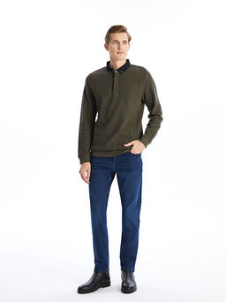 Polo Yaka Uzun Kollu ?izgili Erkek Sweatshirt