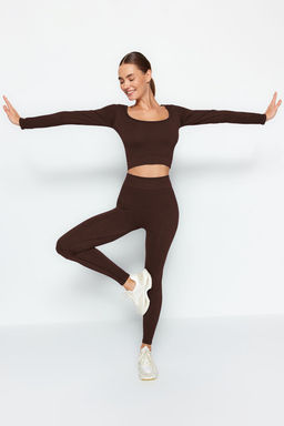 Koyu Kahverengi Seamless/Dikissiz Tam Boy Orme Spor Tayt TWOAW20TA0071