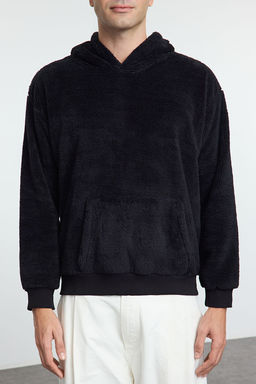 Siyah Oversize/Genis Kesim Basic S?cak Tutan Kapusonlu Pelus Sweatshirt TMNAW25SW00106