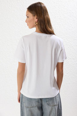 TRENDYOLMILLA Lacivert %100 Pamuk Cicek Nak?sl? Regular/Normal Kal?p Orme T-Shirt TWOSS25TS00042  фото 10