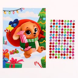 Цена за 2 шт. Аппликация стразами на новый год для детей «Щенок с подарками», А6, набор для творчества