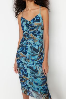 TRENDYOLMILLA Mavi Desenli Buzgulu Tul Bodycone/Vucuda Oturan Esnek Orme Elbise TWOSS23EL00646  фото 4