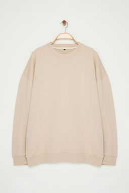 Bej B_y_k Beden Bisiklet Yaka Oversize/Geni_ Kesim S_rt Bask_l_ __i Polar Sweatshirt TMNAW24AO00004