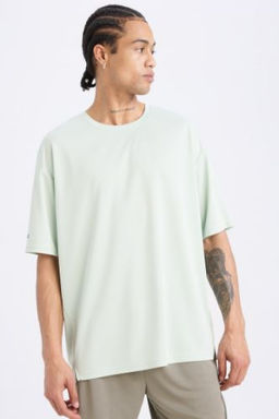 DeFactoFit Boxy Fit Bisiklet Yaka Arma Bask?l? Bask?l? Sporcu K?sa Kollu Tisort