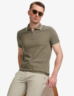 Haki Slim Fit %100 Pamuk Fermuarl_ Polo Yaka Ti__rt