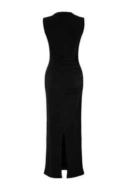 TRENDYOLMILLA Siyah Drapeli Fitted/Vucuda Oturan Dik yaka Kolsuz Esnek Orme Maxi Kalem Elbise TWOSS24EL00830  фото 8