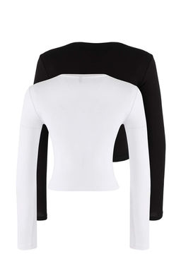 Trendyolmilla Siyah-Ekru Ikili Paket Crop/K?sa Fitted/Vucuda Oturan Orme Bluz TWOAW25BZ00061 фото 14