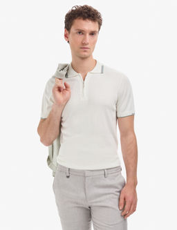 Ekru Slim Fit Polo Yaka Fermuarl_ Triko Ti__rt