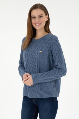 Женский свитер цвета индиго с круглым вырезом Неожиданная скидка в корзине
