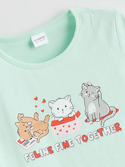 Kedi Bask?l? K?z ?ocuk ?ortlu Penye Pijama Tak?m?