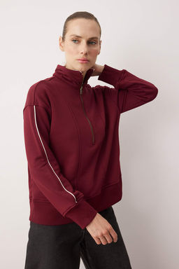 Bordo Fermuarl? Polo Yaka Serit Detayl? Regular/Normal Kesim Orme Sweatshirt TWOAW26SW00034