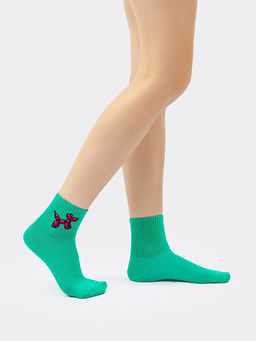 Цена за 5 пар! Носки женские зеленого цвета с рисунком надувной собачки