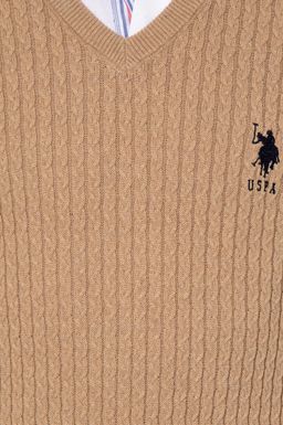 U. S. Polo Assn Мужской базовый трикотажный свитер светло-коричневого цвета с v-образным вырезом и меланжевым принтом - U.s. polo assn фото 6