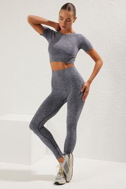 Lacivert Crop Seamless/Dikissiz Bisiklet Yaka Orme Spor Ust/Bluz TWOSS21BZ1419