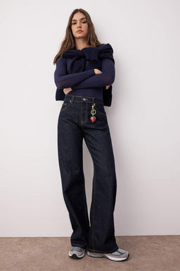 Koyu Mavi Yuksek Bel Wide Leg Jeans TWOAW26JE00007 - Trendyolmilla фото 2