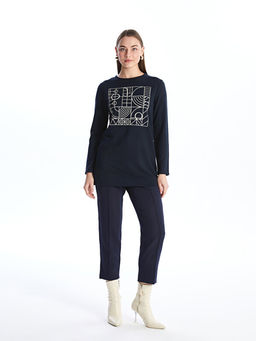 Bisiklet Yaka Bask?l? Kad?n Sweatshirt Tunik